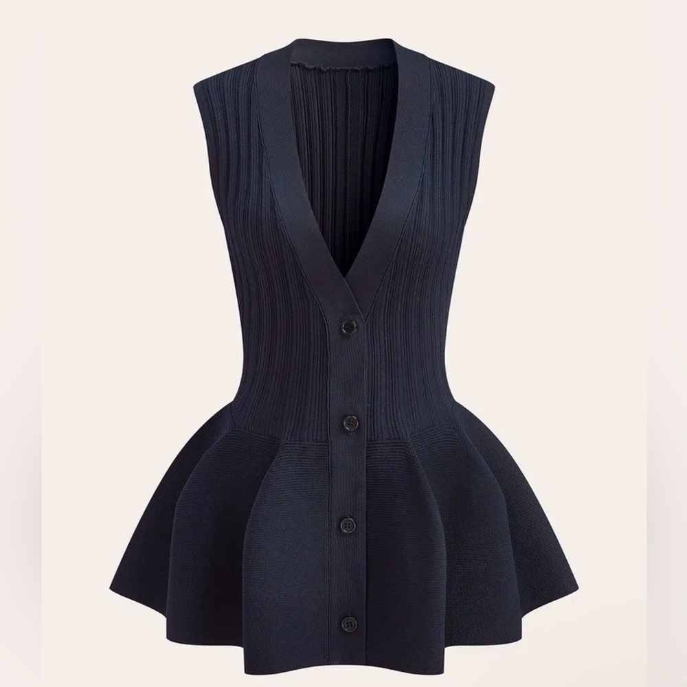NWT Commense Structured Peplum Button Up Knit Navy Vest Sleeveless Top